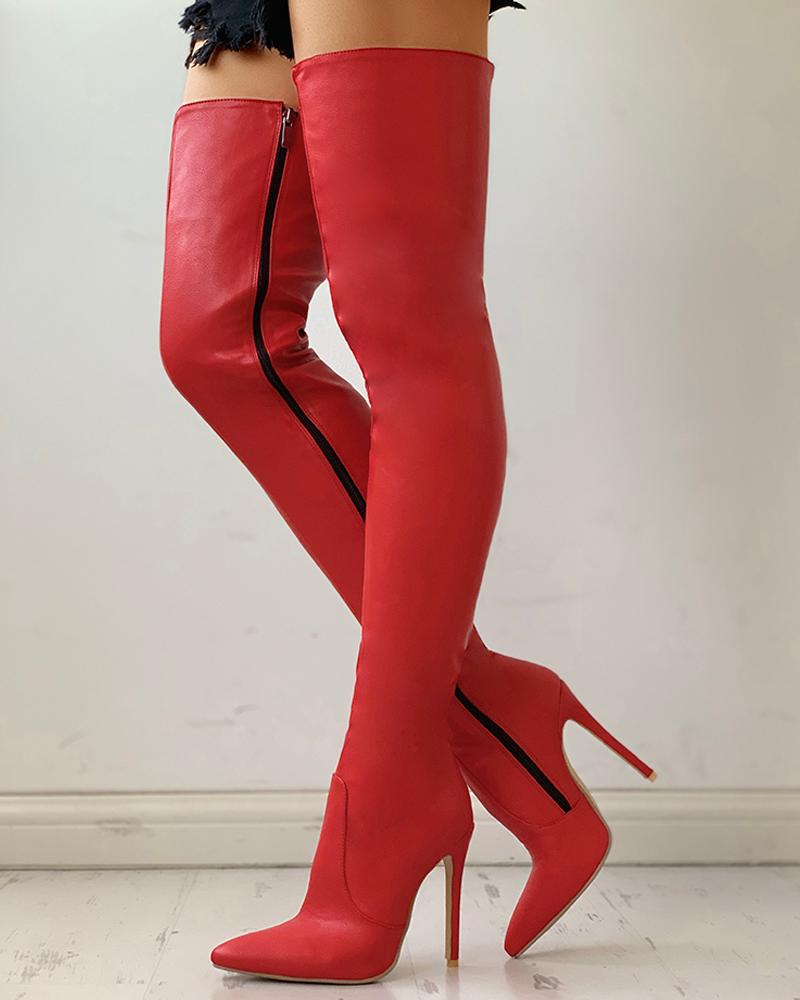 

Zipper Knee-High Thin Heel Boots, Red
