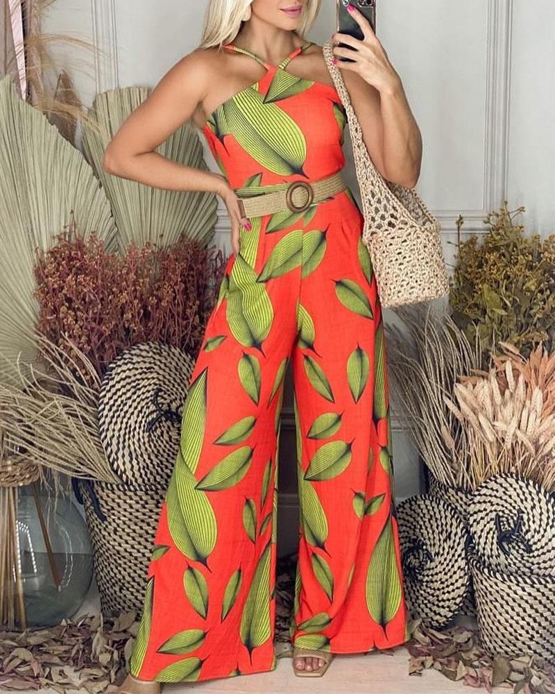 

Leaf Print Sleeveless Wide Leg Jumpsuit, Orange