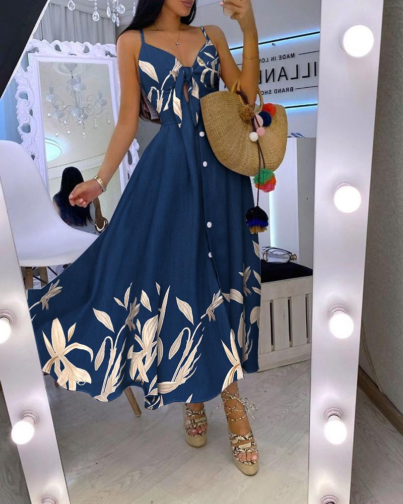 

Plants Print Tied Detail Button Front Cami Maxi Dress, Purplish blue