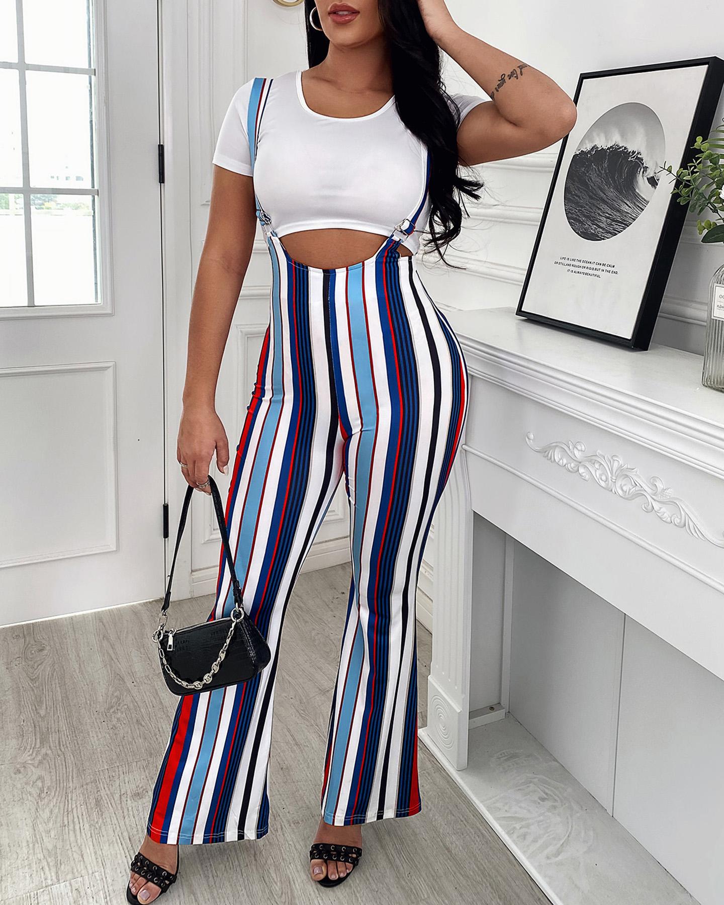 

Thick Strap Striped Colorblock Suspender Pants, Blue