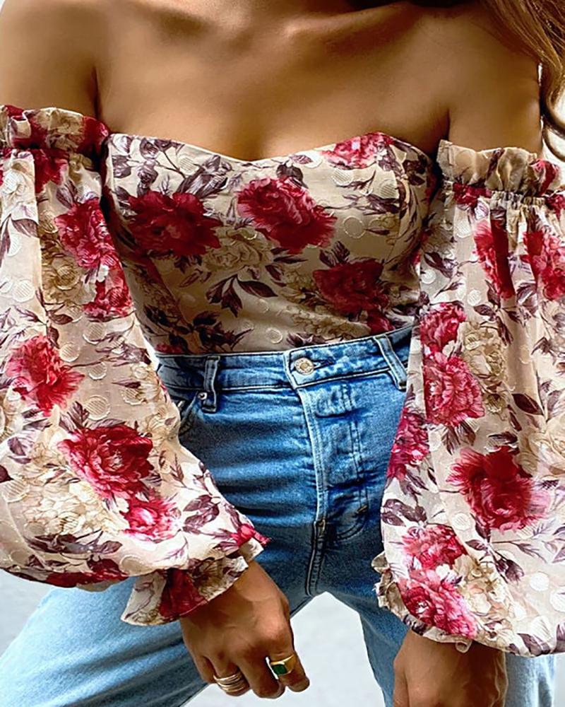 

Off Shoulder Floral Print Lantern Sleeve Chiffon Top, Red