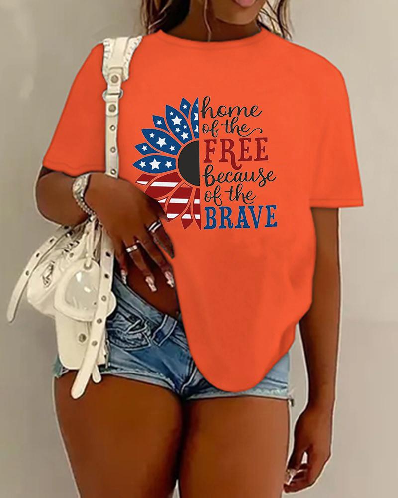 

Plus Size Independence Day Flag Sunflower Letter Print Casual T-shirt, Orange