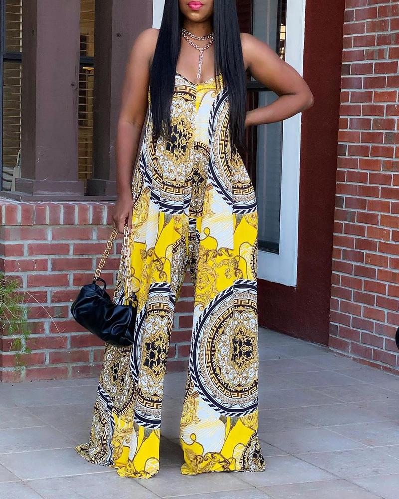 

Scarf Print Spaghetti Strap Wide Leg Jumpsuit, Yellow