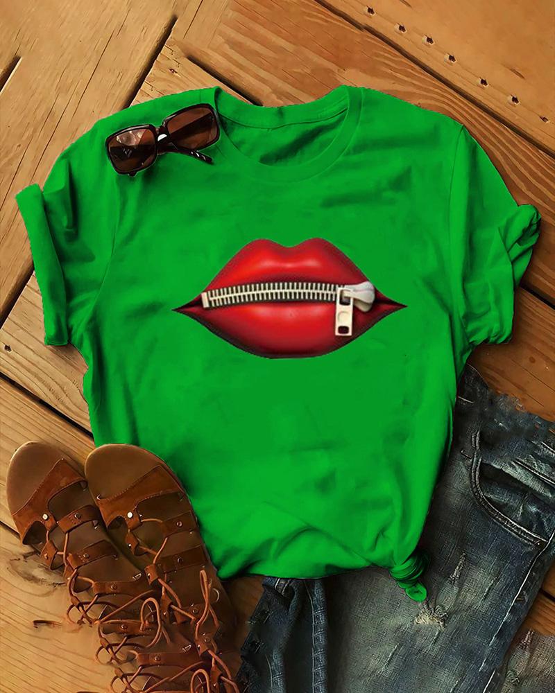 

Plus Size Zipper Lip Print Casual T-shirt, Green