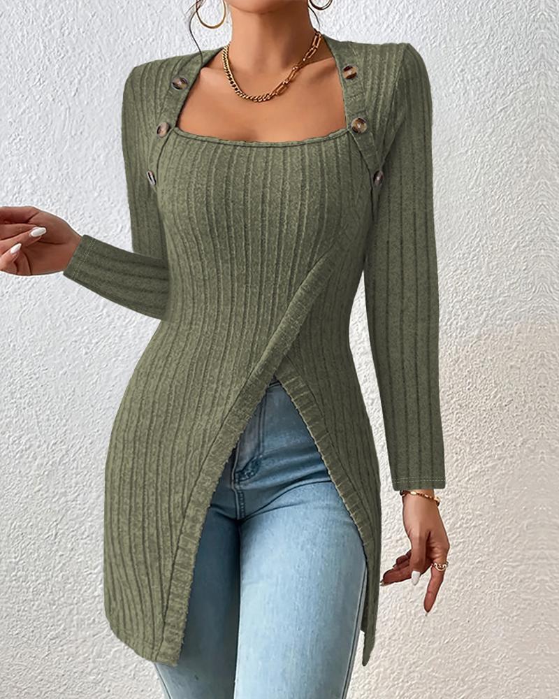 

Buttoned Slit Asymmetrical Neck Knit Top, Green