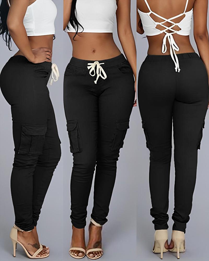 

Pocket Design Drawstring Casual Pants, Black