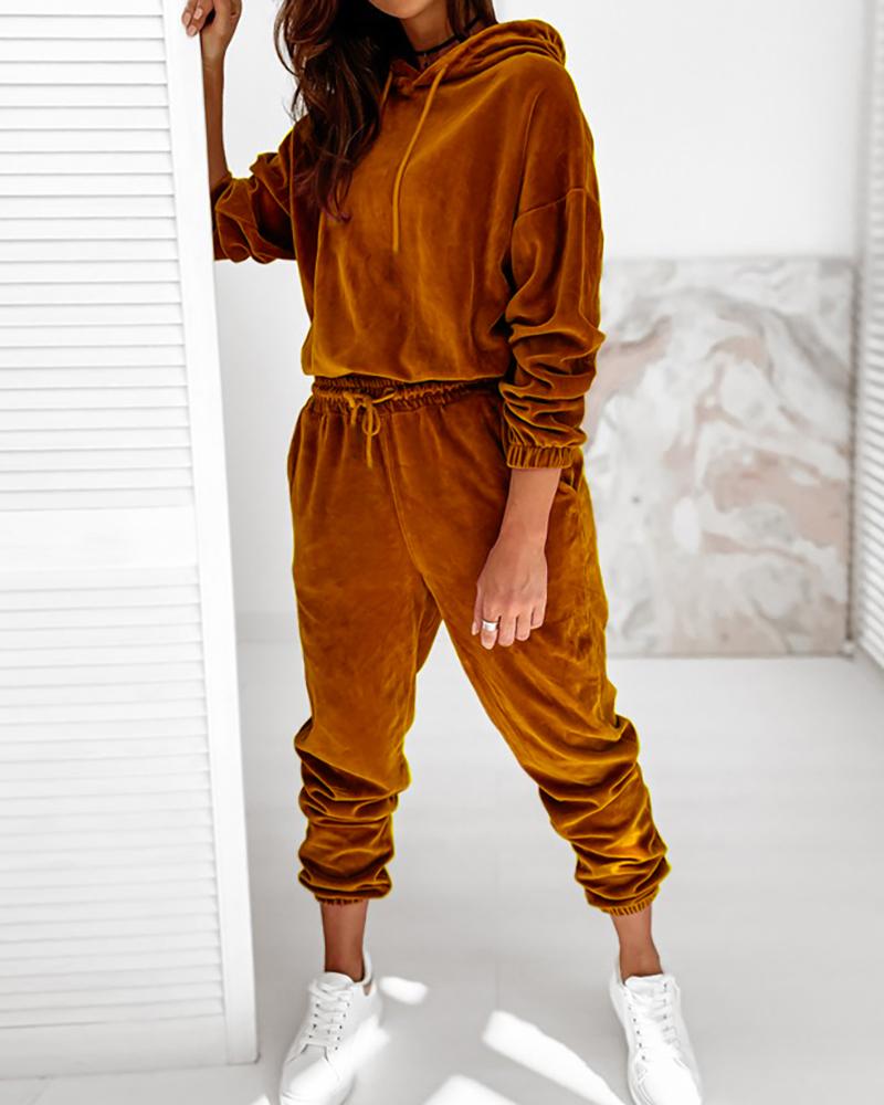 

Plain Long Sleeve Hooded Top & Drawstring Pants Set, Brown