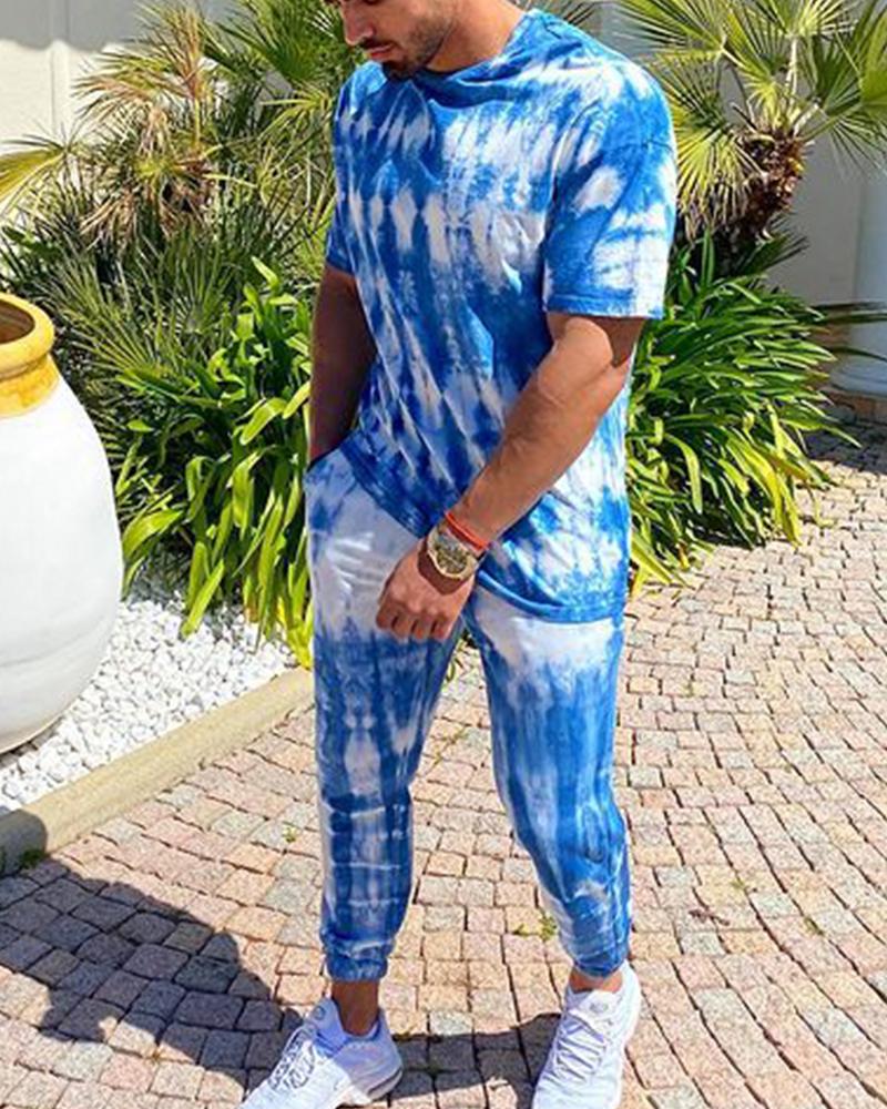 

Tie Dye Print Short Sleeve T-shirt With Pants Active Sets, Blue