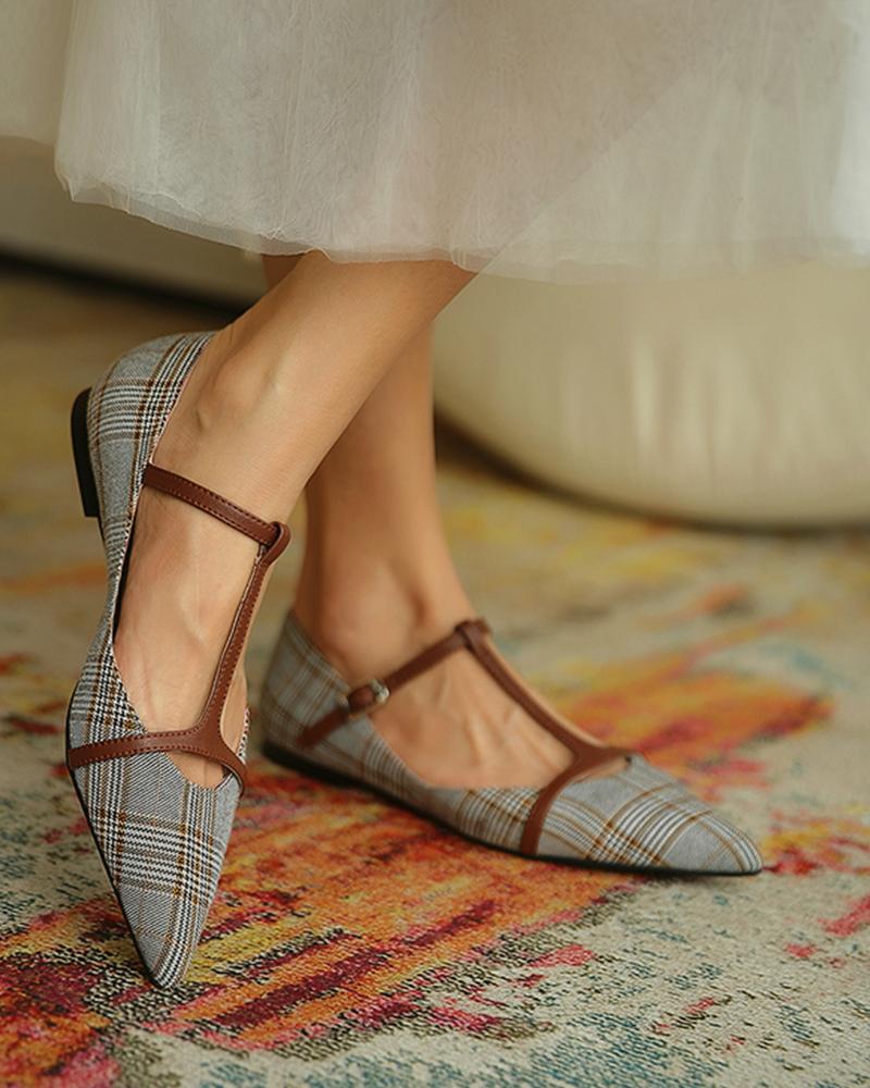 

Plaid Print Cutout Buckled Pointed Toe Flats, Gray