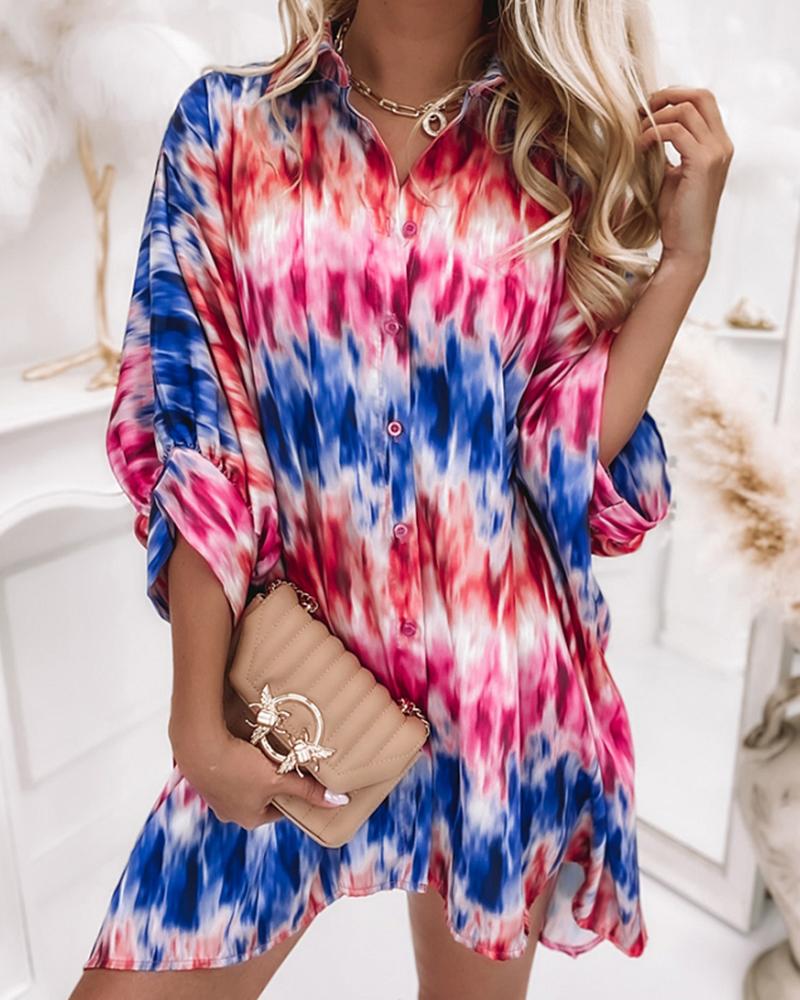 

Tie Dye Long Sleeve Button-up Shirt Dress, Multicolor