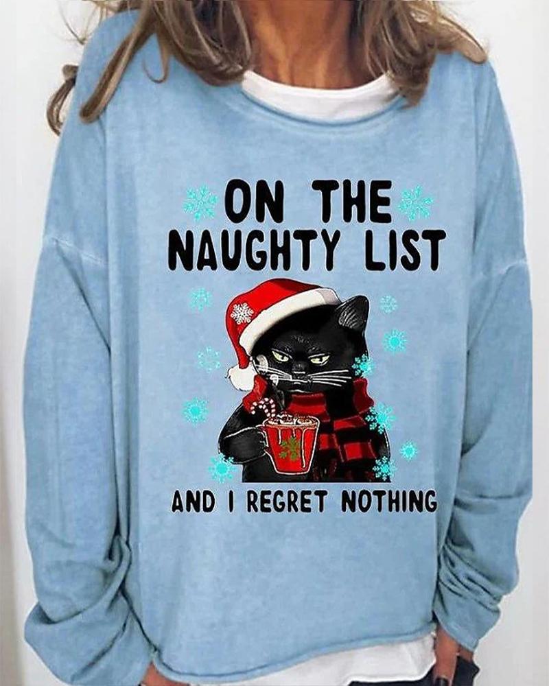 

Christmas Letter Cat Print Long Sleeve Casual Top, Lighted blue