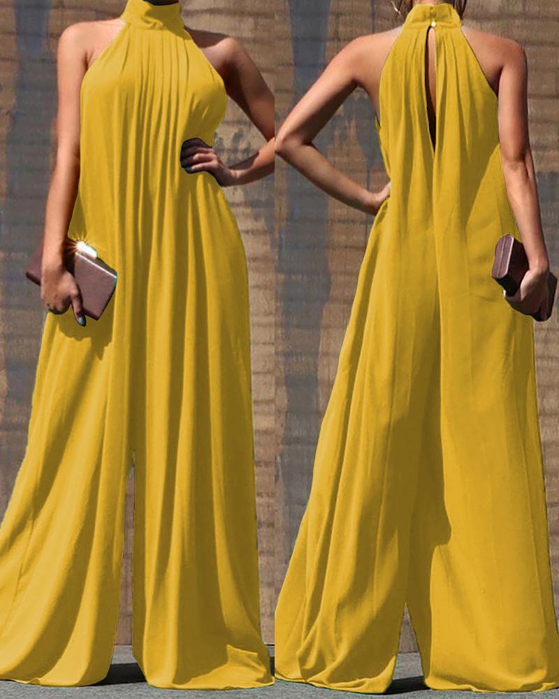 

High Neck Sleeveless Wide Leg Jumpsuit, Yellow