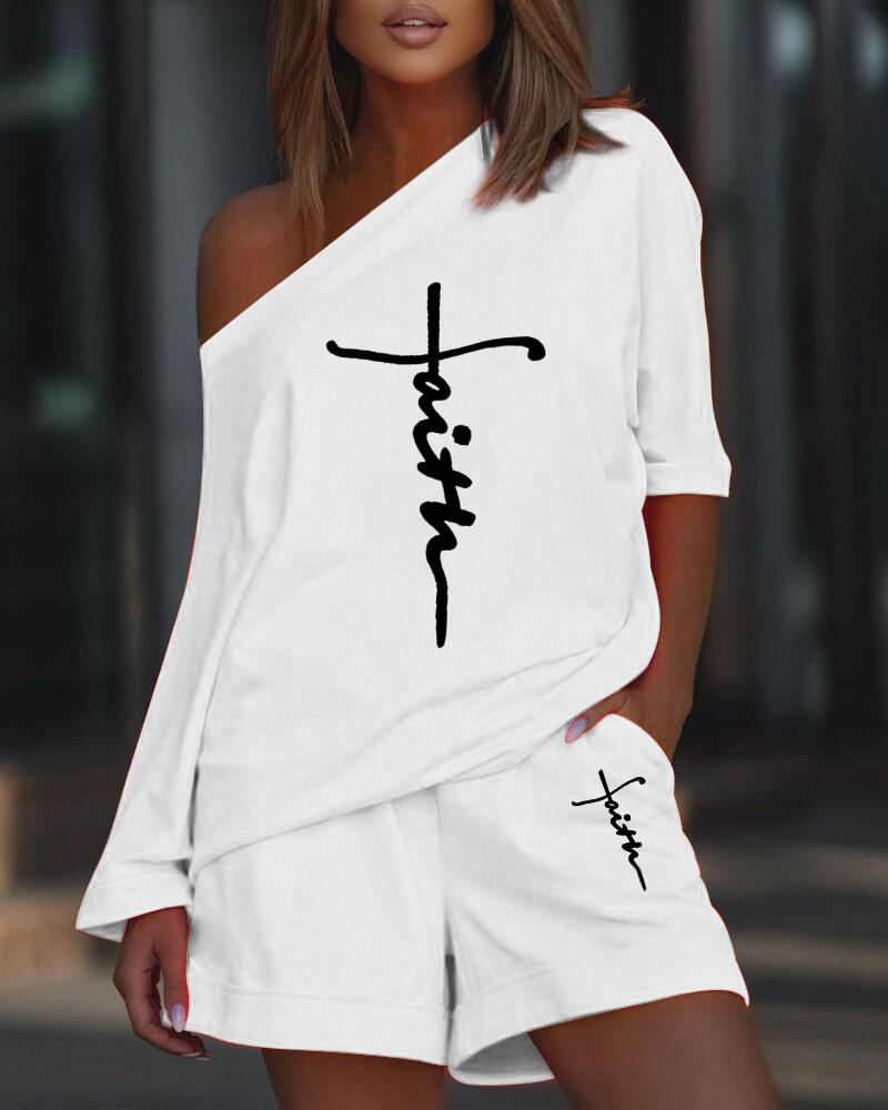 

Faith Print Casual Top & Shorts Set, White