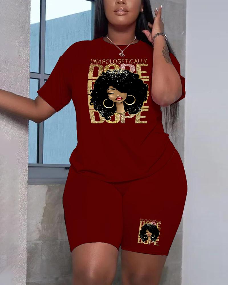 

Plus Size Unapologetically Dope Figure Print Top & Shorts Set, Wine red