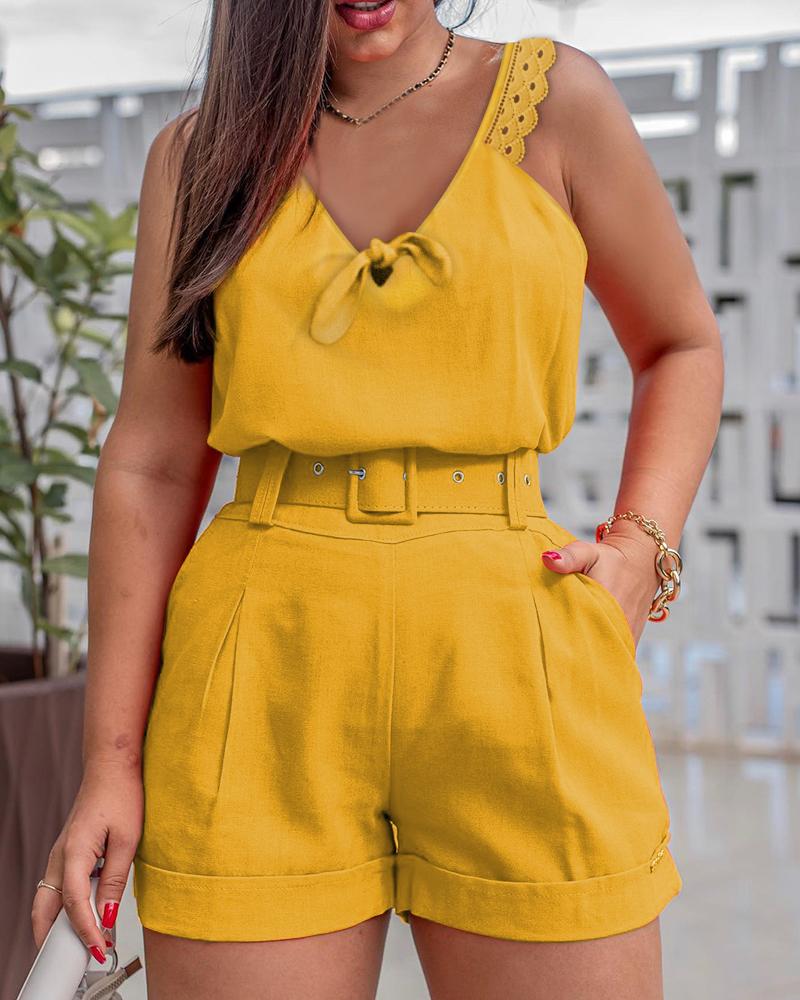 

Plain Lace Spaghetti Strap Top & Shorts Set, Yellow