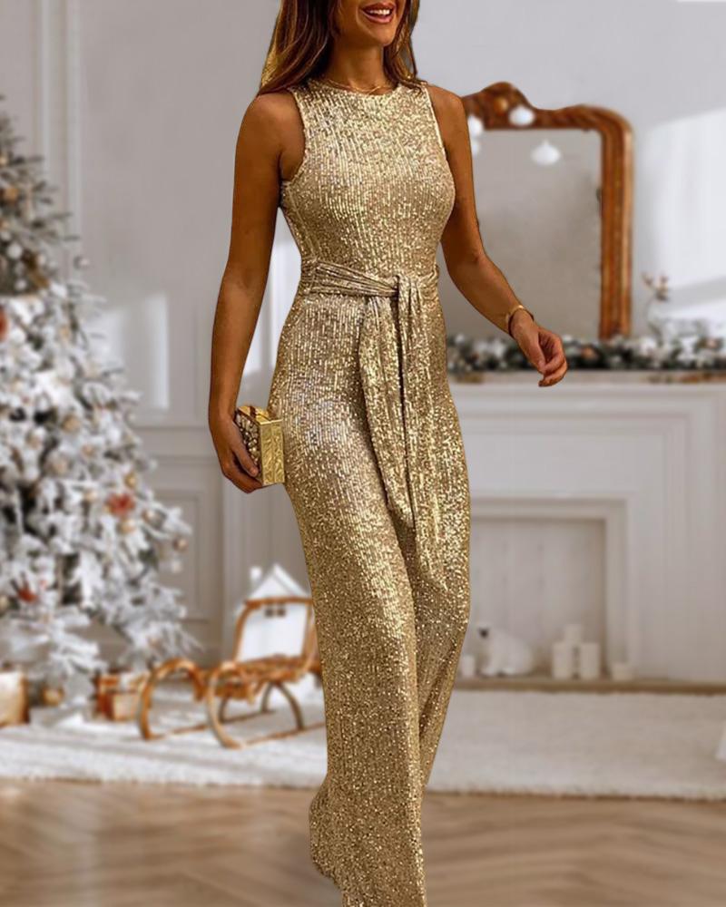 

Glitter Round Neck Sleeveless Backless Sequins Jumpsuit, Gold