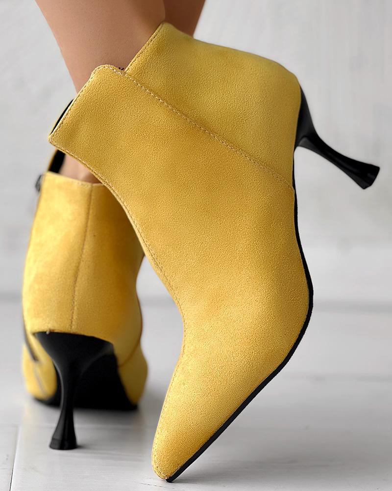 

Side Zipper Pyramid Heel Ankle Boots, Yellow