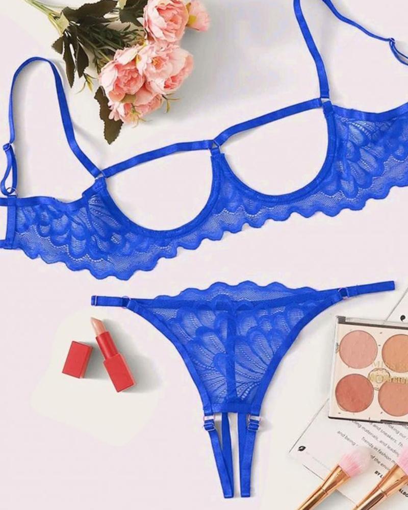 

Crochet Lace Cutout Open Breast Crotchless Lingerie Set, Blue
