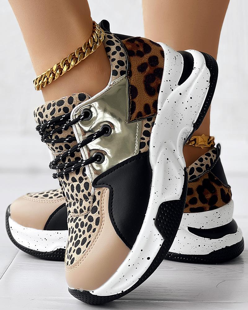 

Leopard Snakeskin Print Colorblock Lace-up Muffin Sneakers