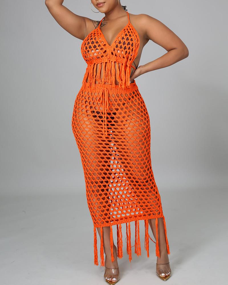 

Crochet Hollow Out Tassel Design Cover Up Set, Orange