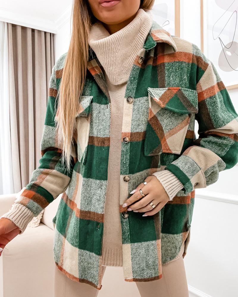 

Plaid Print Long Sleeve Button Down Shacket, Green