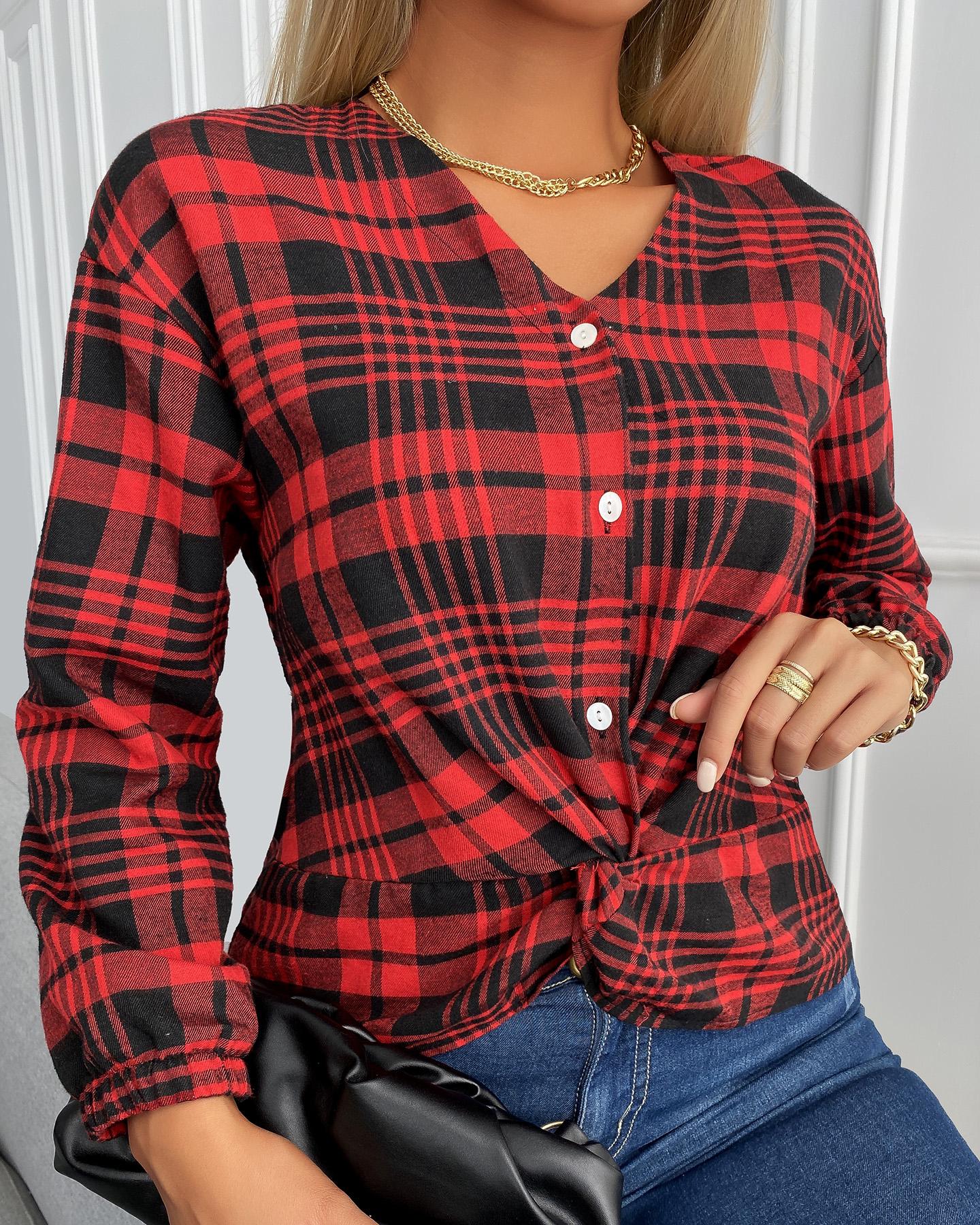 

Plaid Print Long Sleeve Casual Shirt, Red&black
