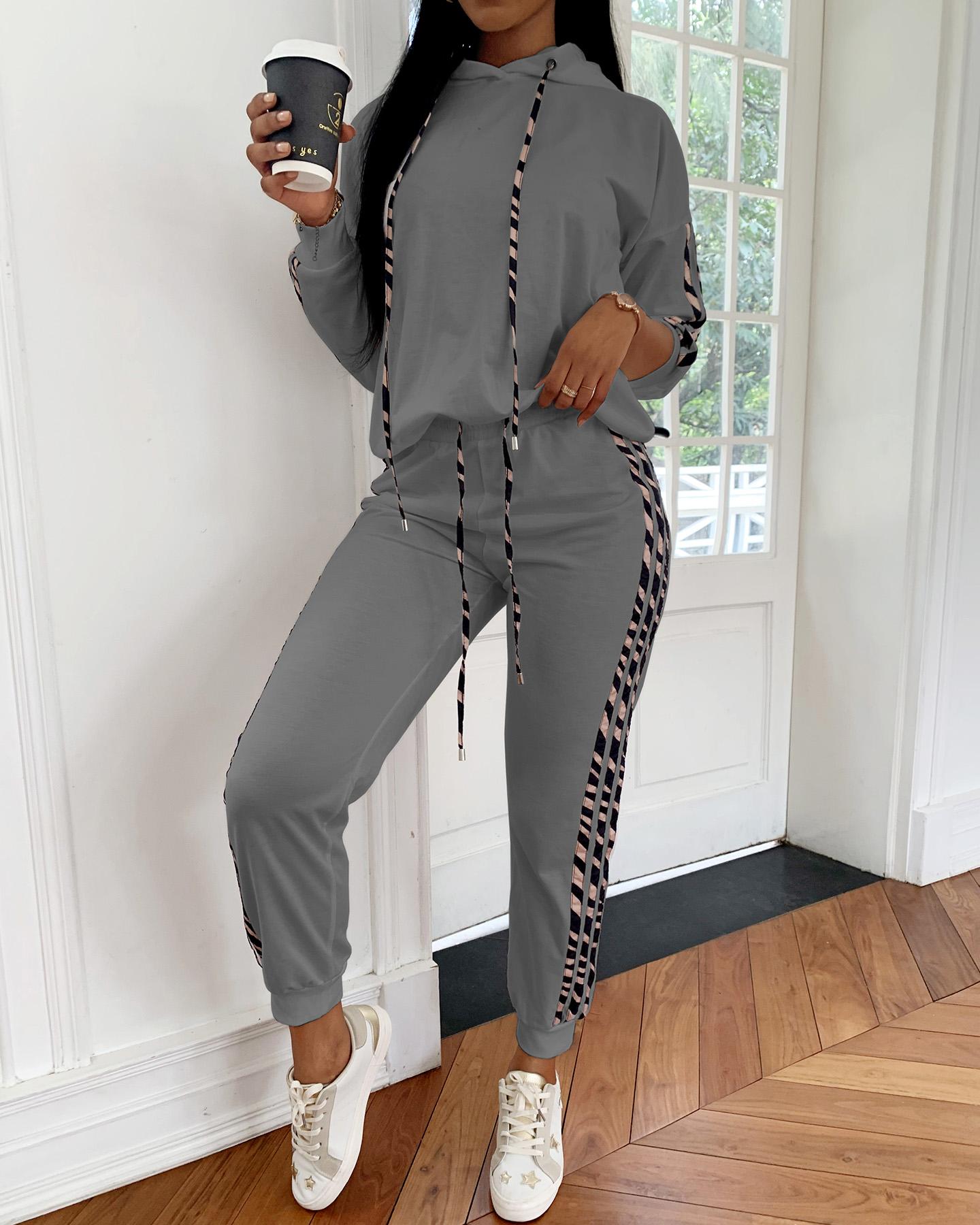 

Striped Drawstring Design Hooded Top & Casual Pant Sets, Gray