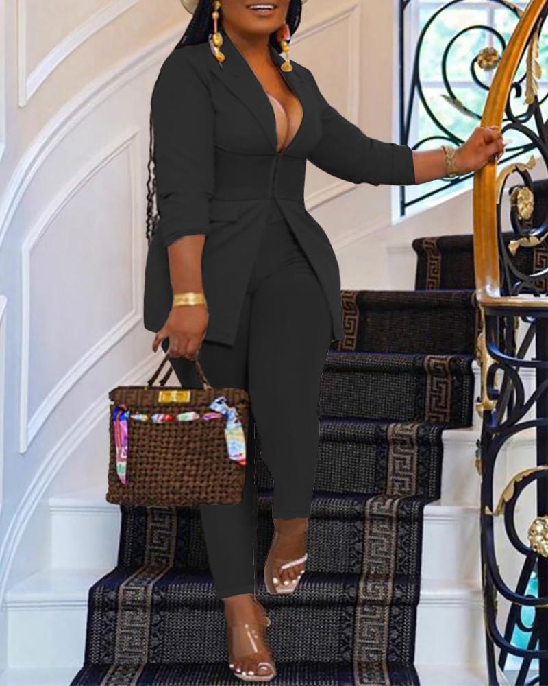 

Plus Size Hook Front High Waist Blazer Set, Black