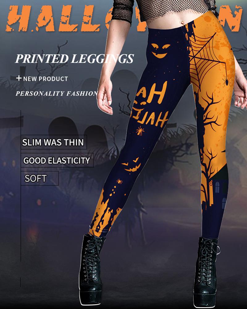 

Halloween Letter Spider Web Print Leggings, Orange