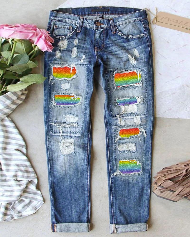 

Rainbow Stripe Print Patchwork Pocket Design Jeans, Blue
