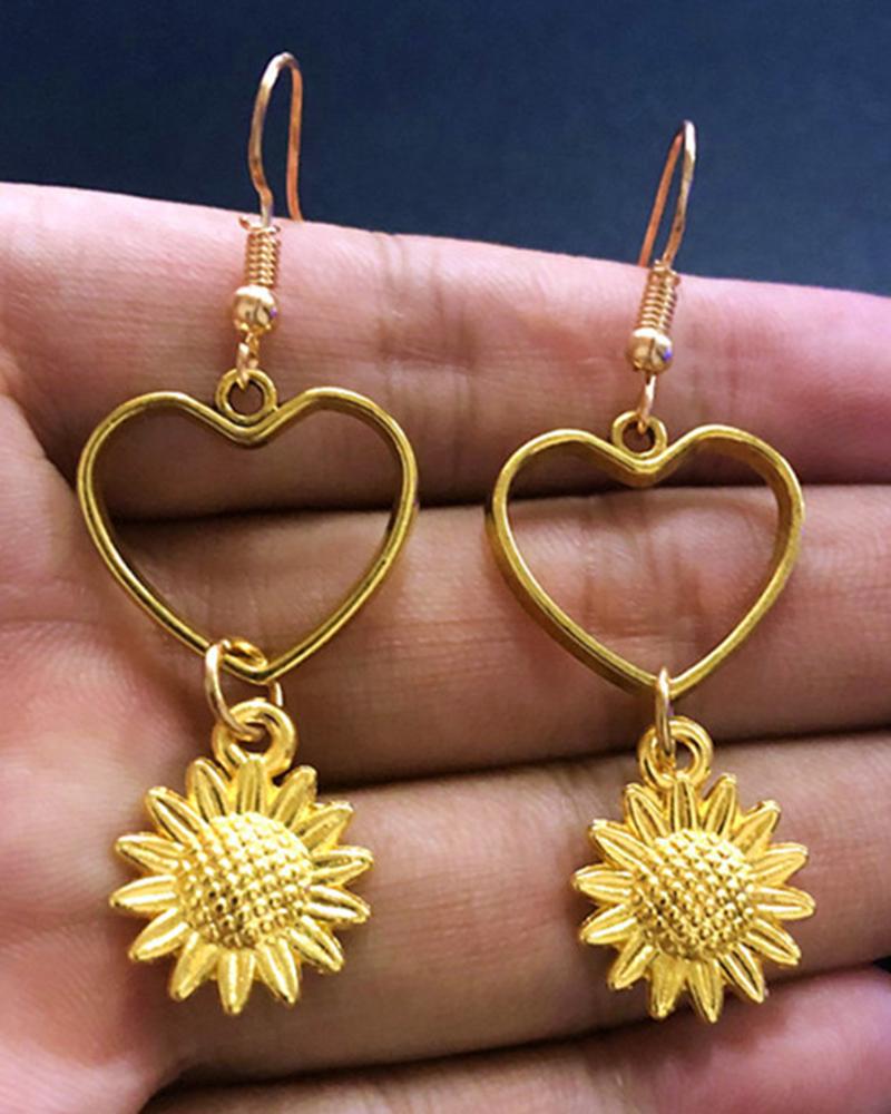 

1Pair Hollow Out Heart Sunflower Drop Earrings, Gold