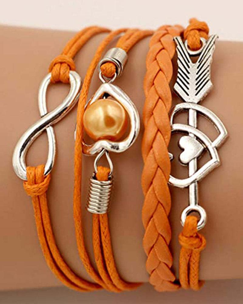 

1pc Double Heart Pearl Decor Multi-Layer Braided Leather Bracelet, Orange