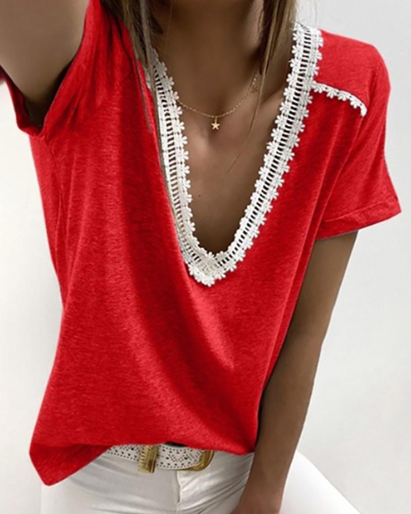 

V-neck Crochet Lace Casual T-shirt, Red