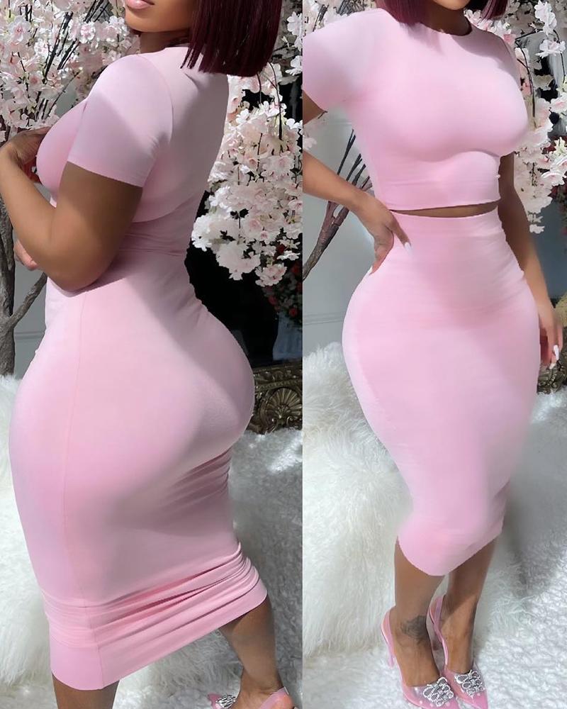 

Short Sleeve Top & High Waist Skirt Set, Light pink