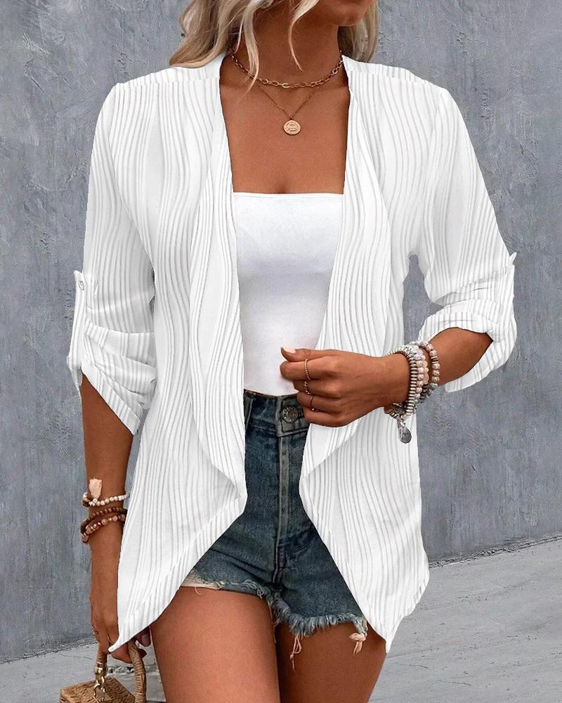 

Roll Up Sleeve Open Front Buttoned Textured Coat, White