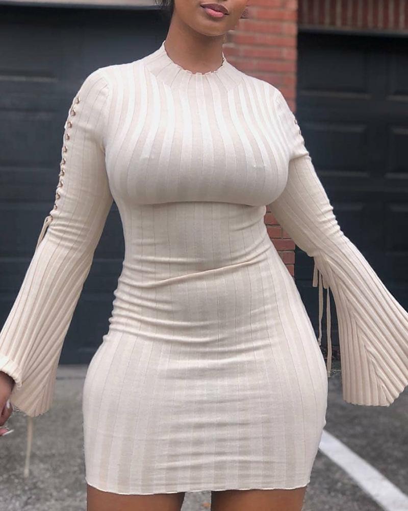 

Eyelet Lace Up Bell Sleeve Knit Bodycon Dress, Apricot