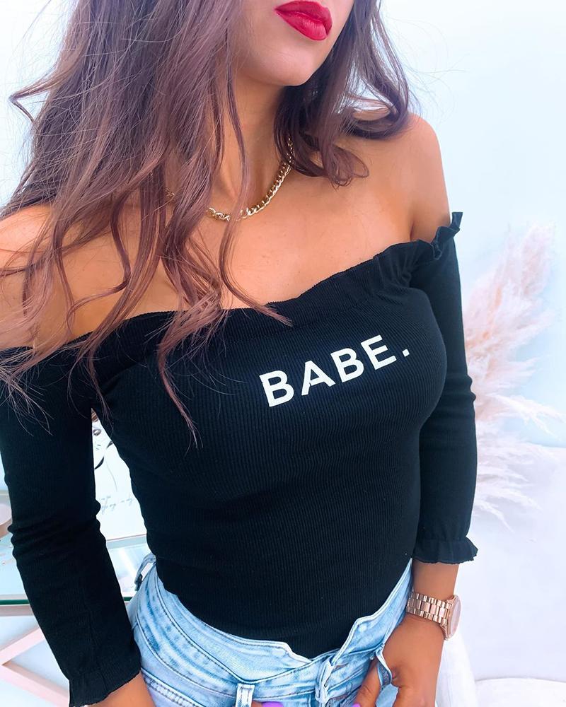 

Off Shoulder Letter Print Frill Hem Women Top, Black