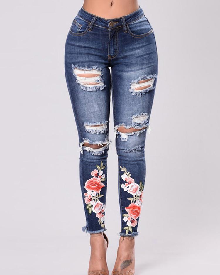 

Floral Embroidery Frayed Ripped Skinny Jeans, Dark blue