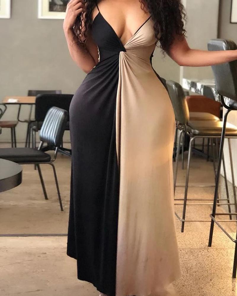 

Twisted Front Colorblock Cami Maxi Dress, Black