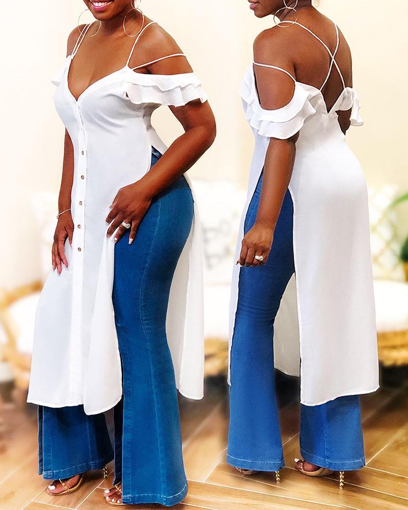 

Crisscross Backless Cold Shoulder Split Hem Longline Top, White