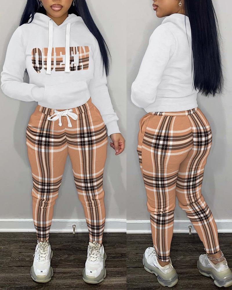 

Letter Plaid Print Long Sleeve Hoodie & Pants Set, Brown