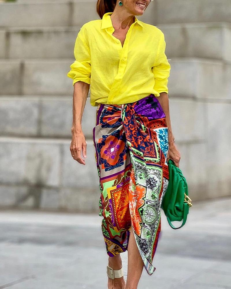 

Button Down Shirt & Scarf Print Ruched Slit Skirt Set, Yellow