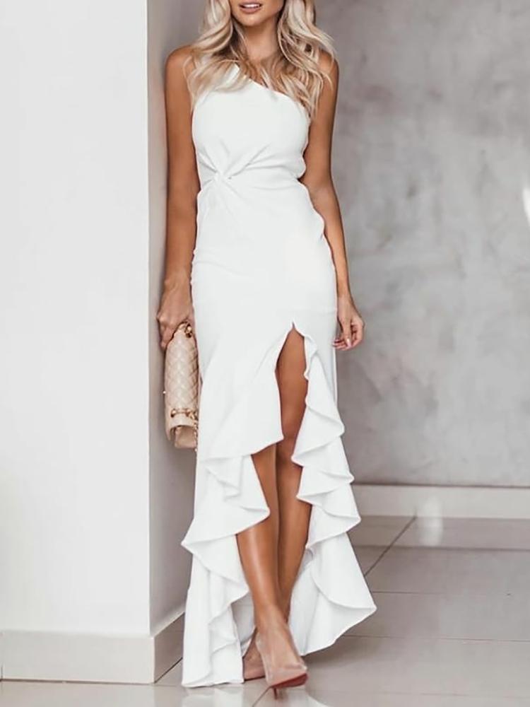 

One Shoulder Twisted Ruffles Slit Evening Dress, White