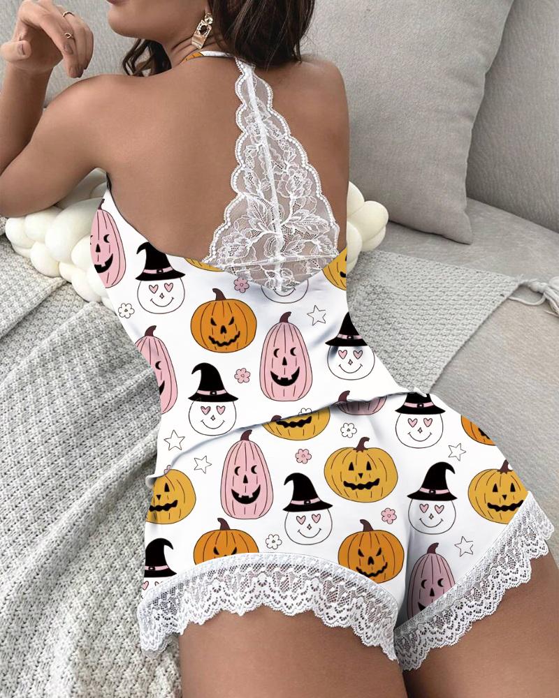 

Halloween Pumpkin Graphic Print Lace Patch Cami Set, White