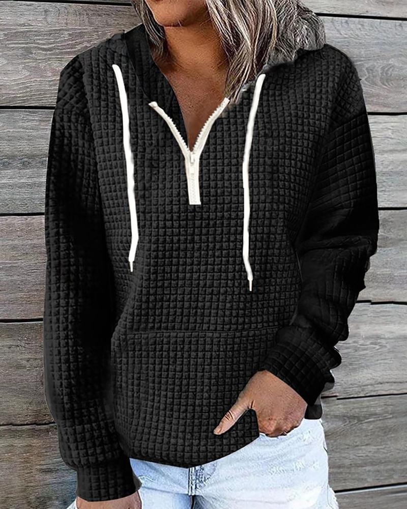 

Zipper Design Drawstring Bubble Textured Hoodie, Black