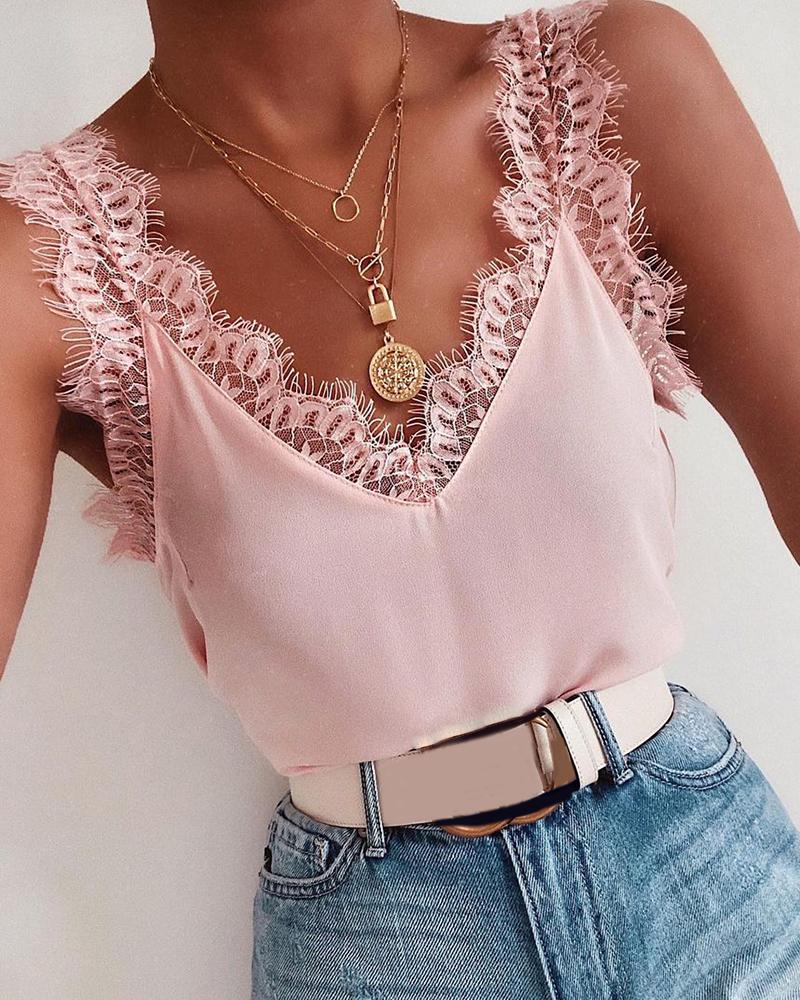 

Eyelash Lace Patch Satin V-Neck Top, Pink