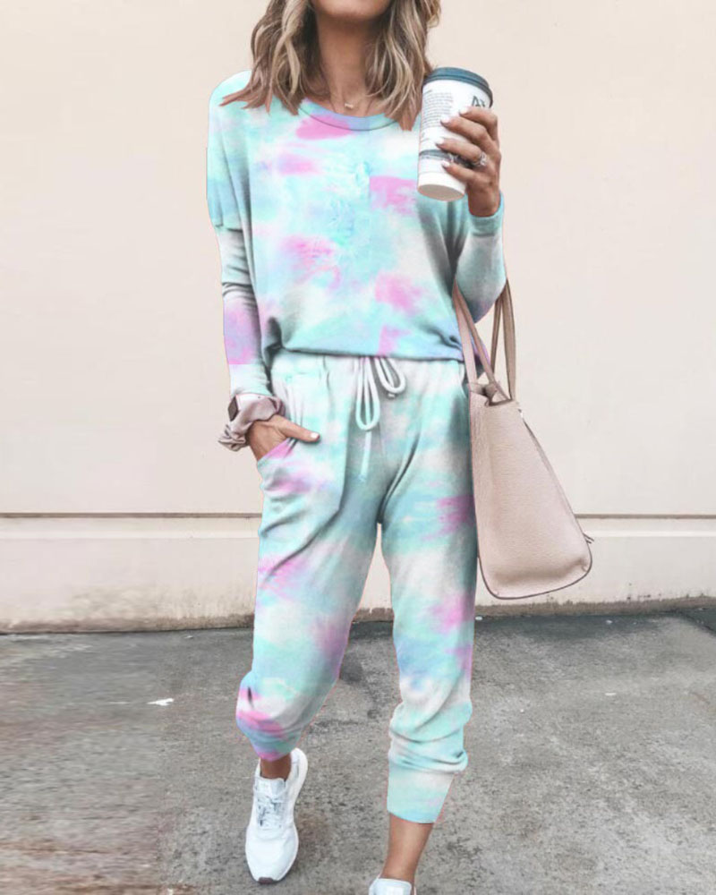 

Tie Dye Print Top & Drawstring Pants Set, Light blue