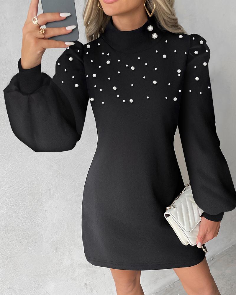 

Pearls Studded Lantern Sleeve Casual Dress, Black