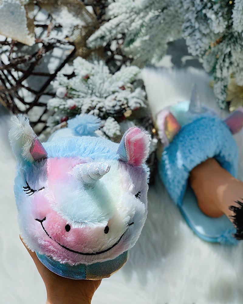 

Unicorn Pattern Colorblock Fluffy Slippers, Blue