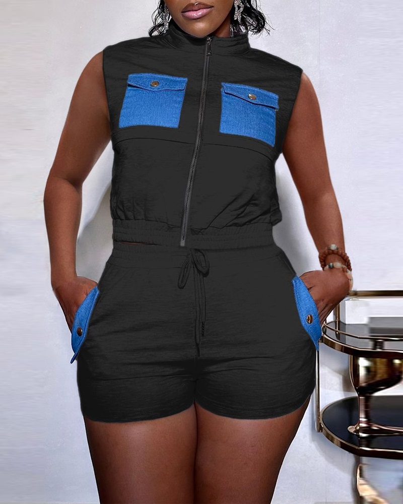 

Pocket Design Zip Fly Top & Shorts Set, Black